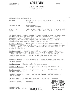 Telephone Conversation with President Mubarak of Egypt, January 23, 1989