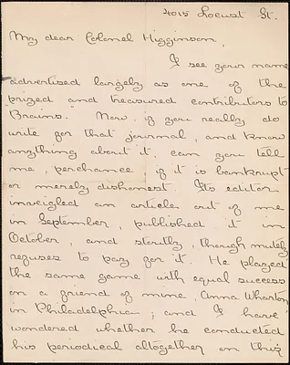 Agnes Repplier autograph letter signed to Thomas Wentworth Higginson, Philadelphia, 16 December 1891