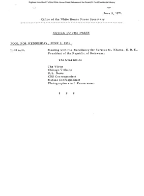 Pool for Wednesday, June 9, 1976 [Pool Assignments]