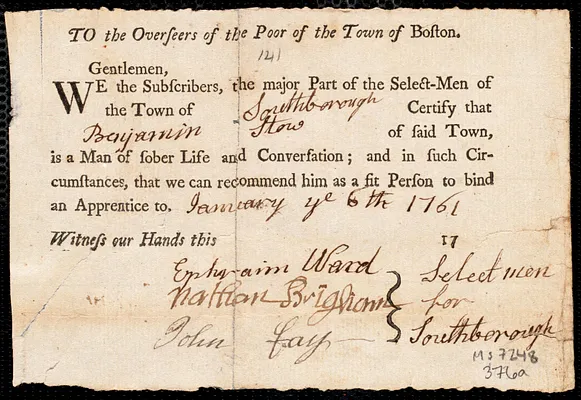 Thomas Caryl indentured to apprentice with Benjamin Stow of Southborough, 6 February 1761