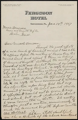Girolamo Valenti autograph letter signed to May Donovan, Shenandoah, Pa., June 14, 1927