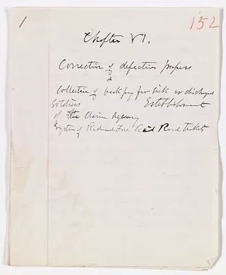 Draft Copy of Chapter VI: Correction of defective papers and collection of back pay for sick or discharged soldiers; Establishment of the Claim Agency System of Reduced Fare Rail Road Tickets
