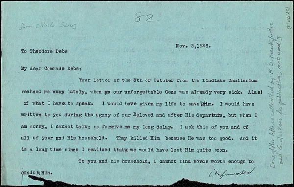 Nicola Sacco typed note (copy of incomplete note) to Theodore Debs, [Dedham], 3 November 1926