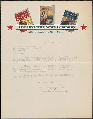 The Red Star News Company typed letter signed (initials) to Gardner Jackson, New York, N. Y., April 27, 1928