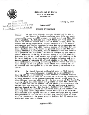 Memorandum, State Department Summary of Telegrams