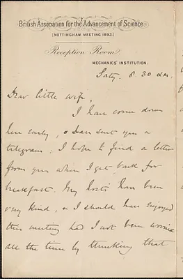 [John Biddulph Martin] autograph note to Victoria Woodhull Martin, Nottingham, [England], approximately 1883-1897
