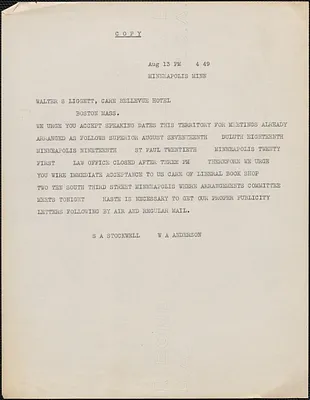 S. A. Stockwell and W A Anderson telegram to (copy) to Walter Liggett, Minneapolis, Minn., August 13, [1927]