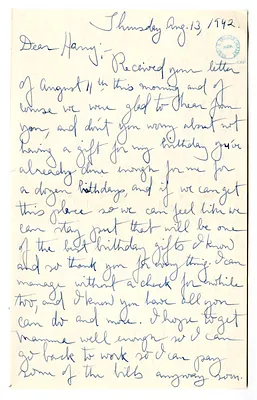 Letter from Mary Jane Truman to Harry S. Truman