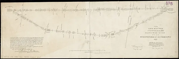 The two routes surveyed for the National Road from Springfield to Richmond, 1835