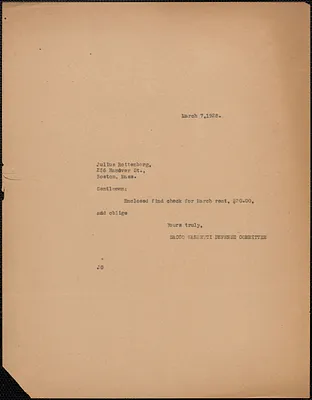 Sacco-Vanzetti Defense Committee typed note (copy) to Julius Rottenberg, Boston, Mass., March 7, 1928