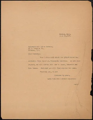 Sacco-Vanzetti Defense Committee typed note (copy) to International Labor Defense, Boston, Mass., June 20, 1927