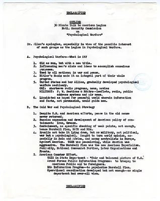 Outline for Talk re "Psychological Warfare" to American Legion's National Security Commission