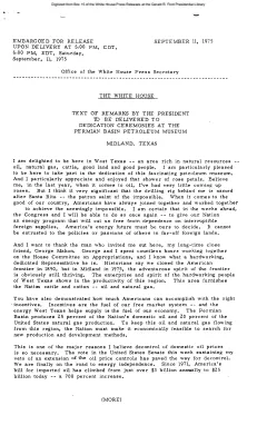 Text of Remarks by the President to be Delivered to Dedication Ceremonies at the Permian Basin Petroleum Museum, Midland, Texas [Ford Speech or Statement]