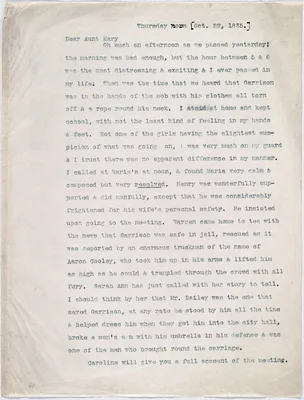Incomplete transcript of letter from Debora Weston, [Boston, Mass.], to Mary Weston, Thursday noon, [Oct. 22, 1835]