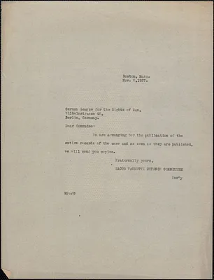 Mary Donovan (Sacco-Vanzetti Defense Committee) typed note to German League for the Rights of Man, Boston, Mass., November 2, 1927
