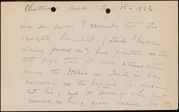 Elizabeth G[lendower] Evans autograph letter signed to [Fred H.] Moore, Chatham, Mass., August 15, 1923