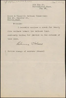 Rebecca Holmes typed note signed to Sacco-Vanzetti Defense Committee, Northampton, Mass., [January? 1927?]