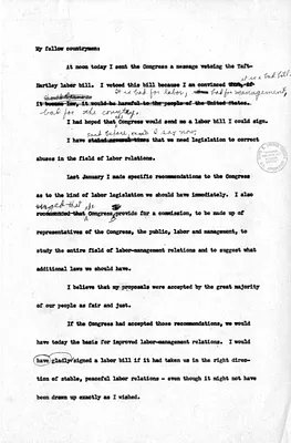 Draft, Address to the American People on the Veto of the Taft-Hartley Bill