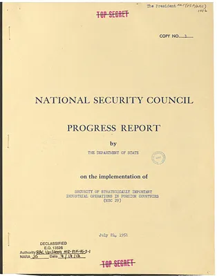 National Security Council Progress Report by the Department of State on the Implementation of Security of Strategically Important Industrial Operations in Foreign Countries (NSC 29)