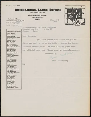 Rose Karsner (International Labor Defense) typed note signed to Sacco-Vanzetti Defense Committee, Chicago, Ill., June 3, 1927