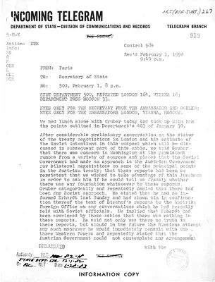 Partial Telegram from Ambassador David Bruce to Secretary of State Dean Acheson