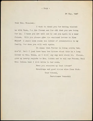 Bartolomeo Vanzetti typed letter (copy) to Gertrude L. Winslow, [Dedham], 24 May 1927