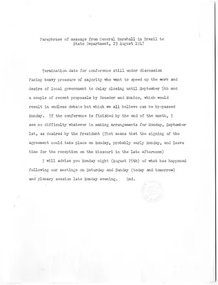 Memorandum, Paraphrase of Message from General Marshall in Brazil to the State Department