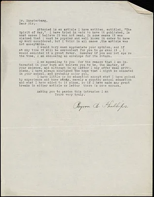 Phillips, Byron B. typed letter signed to Hugo Münsterberg