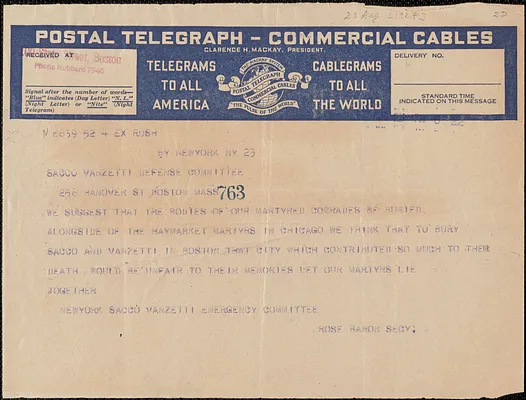 Rose Baron (Sacco-Vanzetti Emergency Committee) telegram to Sacco-Vanzetti Defense Committee, New York, N. Y., August 23, 1927
