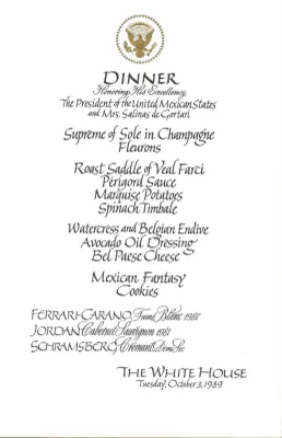 Cards-Menus, Dinner, Honoring His Excellency The President of the United Mexican States and Mrs. Salinas de Gortari, The White House, October 3, 1989