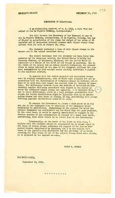 White House Press Release, Memorandum of Disapproval