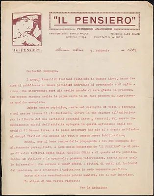 Il Pensiero typed letter, in Italian, to Sacco-Vanzetti Defense Committee, Buenos Aires, Argentina., February 7, 1927
