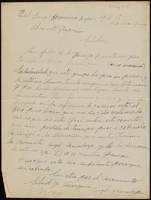 Angel Mendoza autograph letter signed, in Spanish, to Sacco-Vanzetti Defense Committee, July 29, 1924