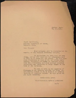 Sacco-Vanzetti Defense Committee typed letter (copy) to Jacob C. Robinson (Detroit Federation of Labor), Boston, Mass, May 25, 1927