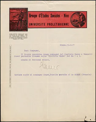Groupe d'Études Sociales (Universite Prolétarienne) typed note signed, in French, to Sacco-Vanzetti Defense Committee, Nice, France, February 15, 1927
