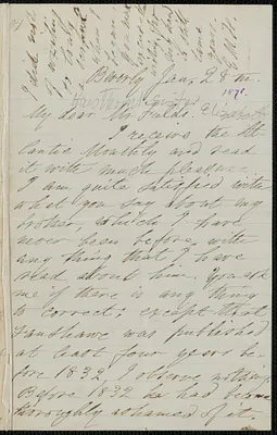 Elizabeth Hawthorne autograph letter signed to James Thomas Fields, Beverly, 28 January 1871