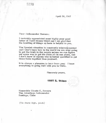 Correspondence Between President Harry S. Truman and Ambassador Claude Bowers
