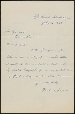 Frederic W. Raper autograph note signed to Joseph Moro, Cleveland, Miss., July 31, 1927