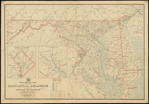 Post route map of the states of Maryland and Delaware and of the District of Columbia showing post offices with the intermediate distances on mail routes in operation on the 1st. of September, 1897