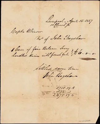 Liverpool, invoice/receipt from John Bagshaw, April 15, 1837 for "fine balance ivory handled knives with french forks"