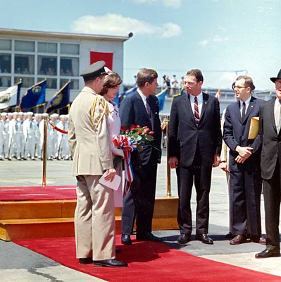 President John F. Kennedy and Others Await Arrival of Habib Bourguiba Sr., President of Tunisia, and His Wife, Moufida Bourguiba