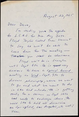 Letter to David Reiner from Jackie notifying him he will be chairman of August meeting