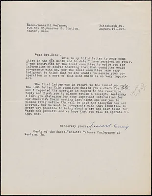 Leonard Craig (Sacco-Vanzetti Defense Committee of Western Pennsyavania) typed letter signed to Joseph Moro (Sacco-Vanzetti Defense Committee), Pittsburgh, Pa., August 17, 1927