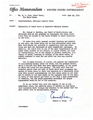 Letter re Relocation of Beech Trees on White House Grounds, with Attachment