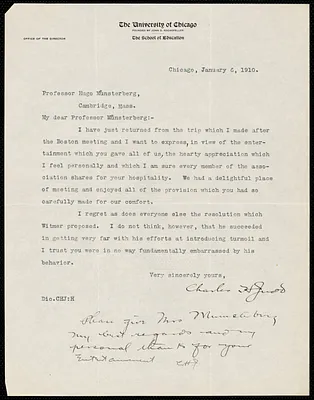 Judd, Charles Hubbard, 1873-1946 typed letter signed to Hugo Münsterberg, New Haven, Conn., 6 January 1910