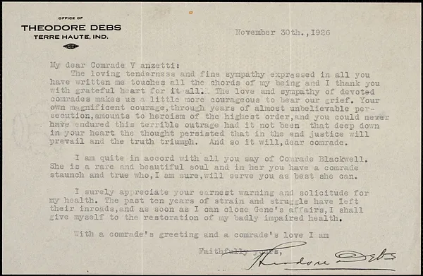 Theodore Debs typed letter signed to Bartolomeo Vanzetti, Terre Haute, Ind., 11 November 1926