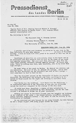 The President John F. Kennedy Lecture by Attorney General Robert F. Kennedy at the Free University of Berlin June 26, 1964