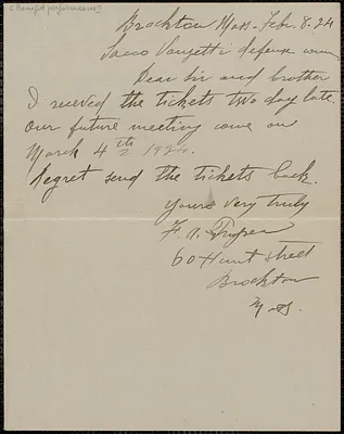 F. A. Tropea autograph note signed to Sacco-Vanzetti Defense Committee, Brockton, Mass., February 8, 1924