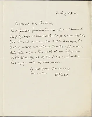 Peters, Wilhelm, 1880-1963 autograph letter signed to Hugo Münsterberg, Würzburg, Ger., 30 October 1912