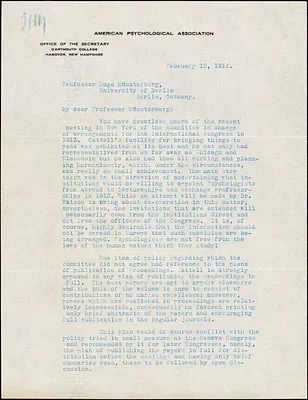 Bingham, Walter Van Dyke, 1880-1952 typed letter signed to Hugo Münsterberg, Hanover, N.H., 18 February 1911